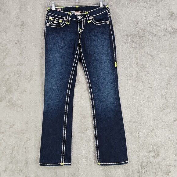 True Religion Jeans Womens 26 Billy Super T RARE Neon Rope Stitching Dark Blue - Picture 2 of 15